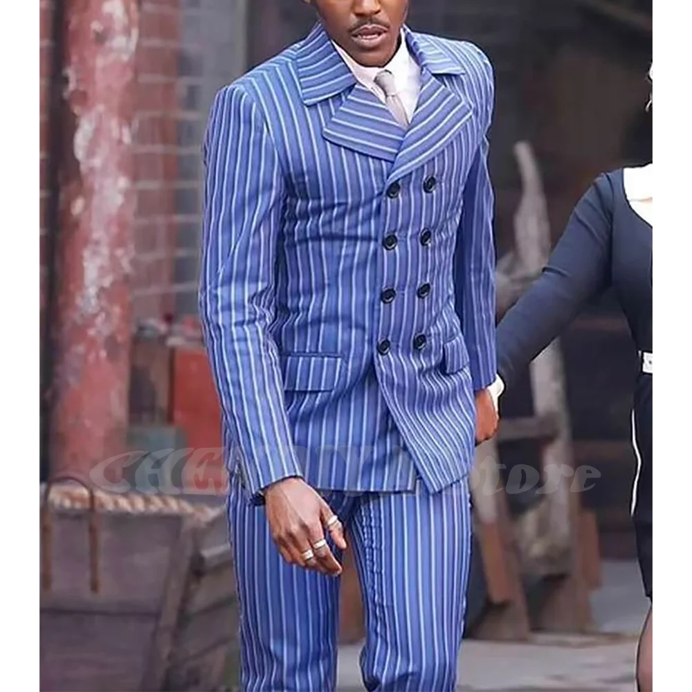 

Мужские костюмы в синюю полоску, смокинг, свадебный наряд жениха, элегантный двубортный модный костюм с зубчатыми лацканами, мужская куртка, брюки