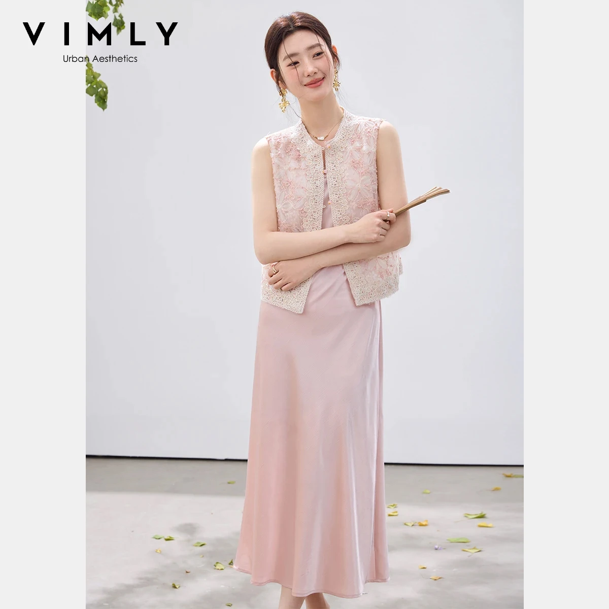 Conjuntos de Vestido de Dos Piezas para Mujer VIMLY, Verano 2026, Nuevo Vestido Largo de Satén con Bordado Floral Rosa, Atuendo Elegante e Informal A5258
