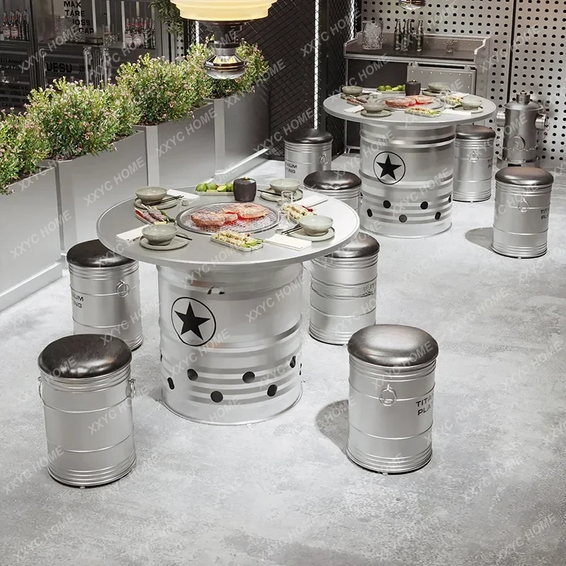 Korean-Style Charcoal Barbecue Hot Pot Table Iron Dining Table Oil Drum Table and Chair Combination