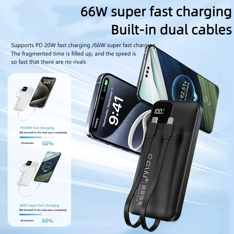 

Power Bank 66 Вт Powerbank с быстрой зарядкой 50000 мАч с кабелями Портативное внешнее запасное зарядное устройство для iPhone 15 Samsung Xiaomi