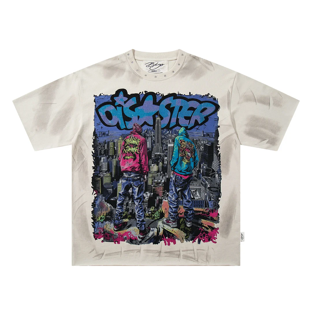 Los Angeles BYKS Tie‑Dye Men T‑Shirt Rhinestone City Graffiti Figure Print Short Sleeve Tees Oversized Streetwear Hip Hop Tees