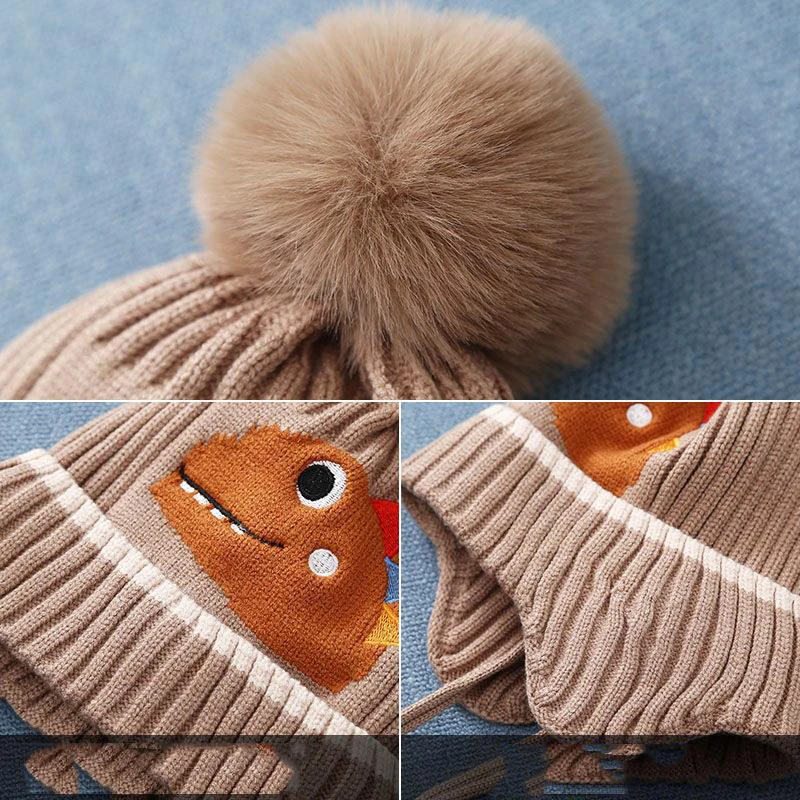 Winter Children\'s Thickened Knitted Hats For Boy Girl Cotton Warm Hat Cartoon Dinosaur Kids Toddler Ear Protection Beanies Cap