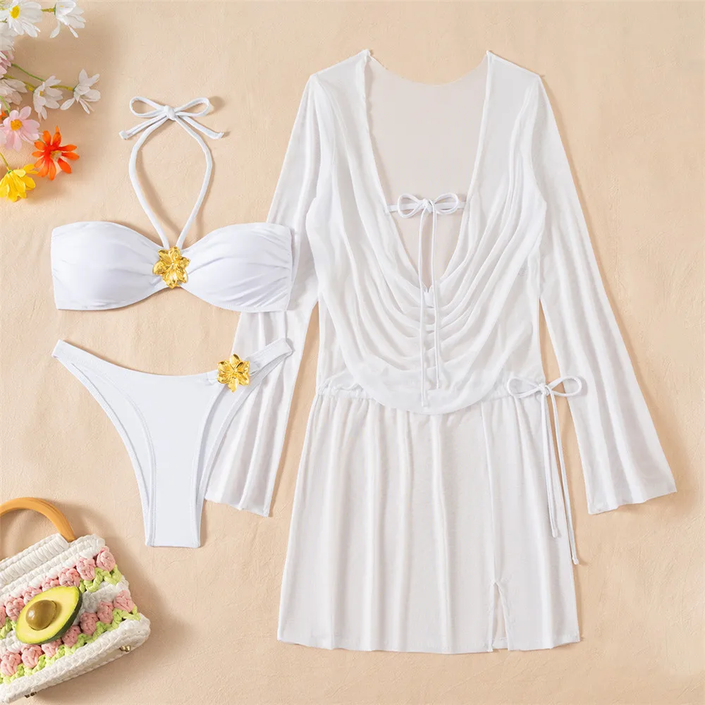 

Металлические бикини с цветочным декором, комплект из 3 предметов: однотонные белые платья-накидки, сексуальные купальники, женские бикини с завязками на шее и бандажным эффектом, 2026