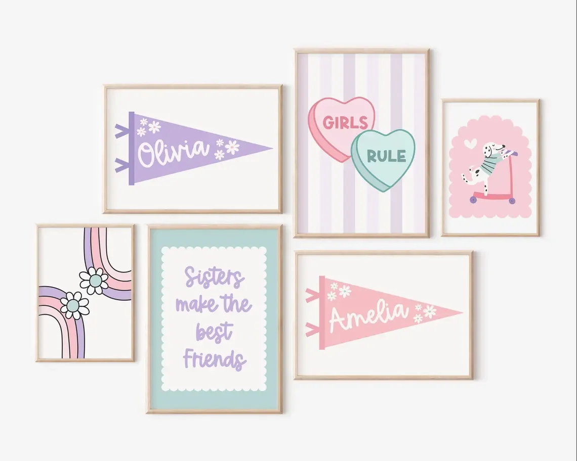 Print Gallery Wall Decor Set - Ideal custom gift for twin baby showers, little girls birthday, sibling room refresh