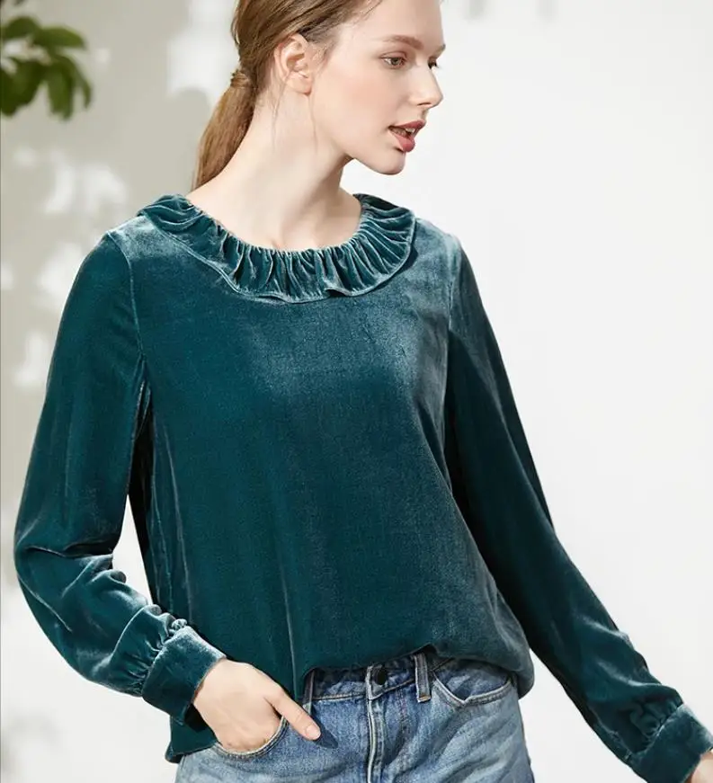 Ropa de calle coreana, tops de terciopelo de manga larga con cuello de hoja de loto, blusa elegante de terciopelo para primavera y otoño, camisas vintage, camisas de talla grande