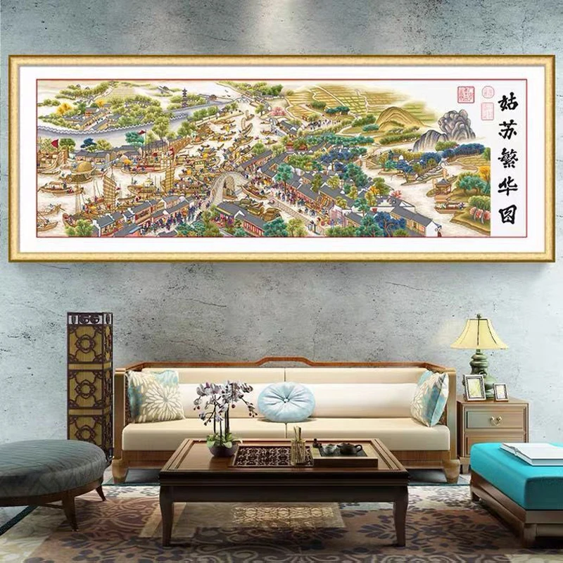 GusuLiban ation-Grand paysage de beauté, point de croix, impression de fil de coton 11CT, broderie complète, décoration d'intérieur Huatu, 355X118cm