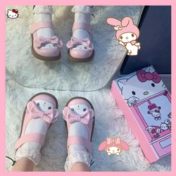 Anime Sanrios Soft Shoes Princess Cute Lolita Round Head Small Leather Shoes Japanese Style Kawaii Melody Kuromi Flat Shoes Girl