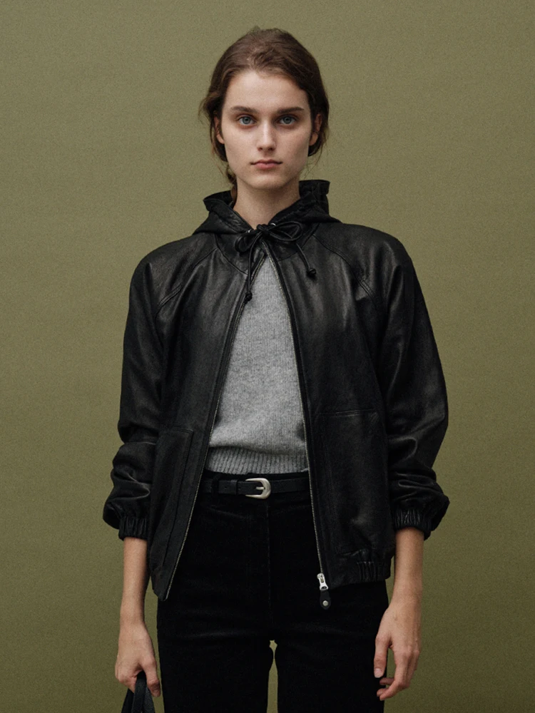 Women's Hooded Jacket Zipper Coat Simple Stylish Leather Outerwear Spring 2026 Versatile Short Length Casual Commute Style