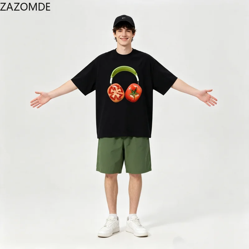ZAZOMDE Minimalist Creative Surreal Fruit Headset T Shirts Unisex Summer Breathable Short Sleeve Street Hip Hop Casual Loose Tee