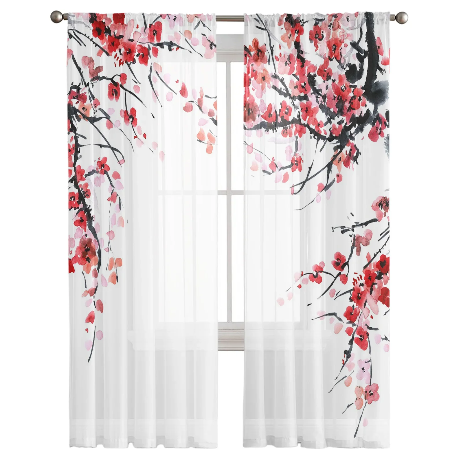 Flower Ink Drawing Branch Tulle Curtains for Living Room Bedroom Sheer Curtain for Balcony Hall Fashion Printed Home Drapes