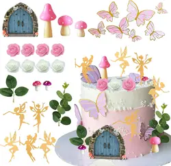 Fairy Cake Toppers Butterfly Cake Decorations Pink Mushroom Door Flowers Cake Decoration for Birthday Baby Shower Party Supplies
