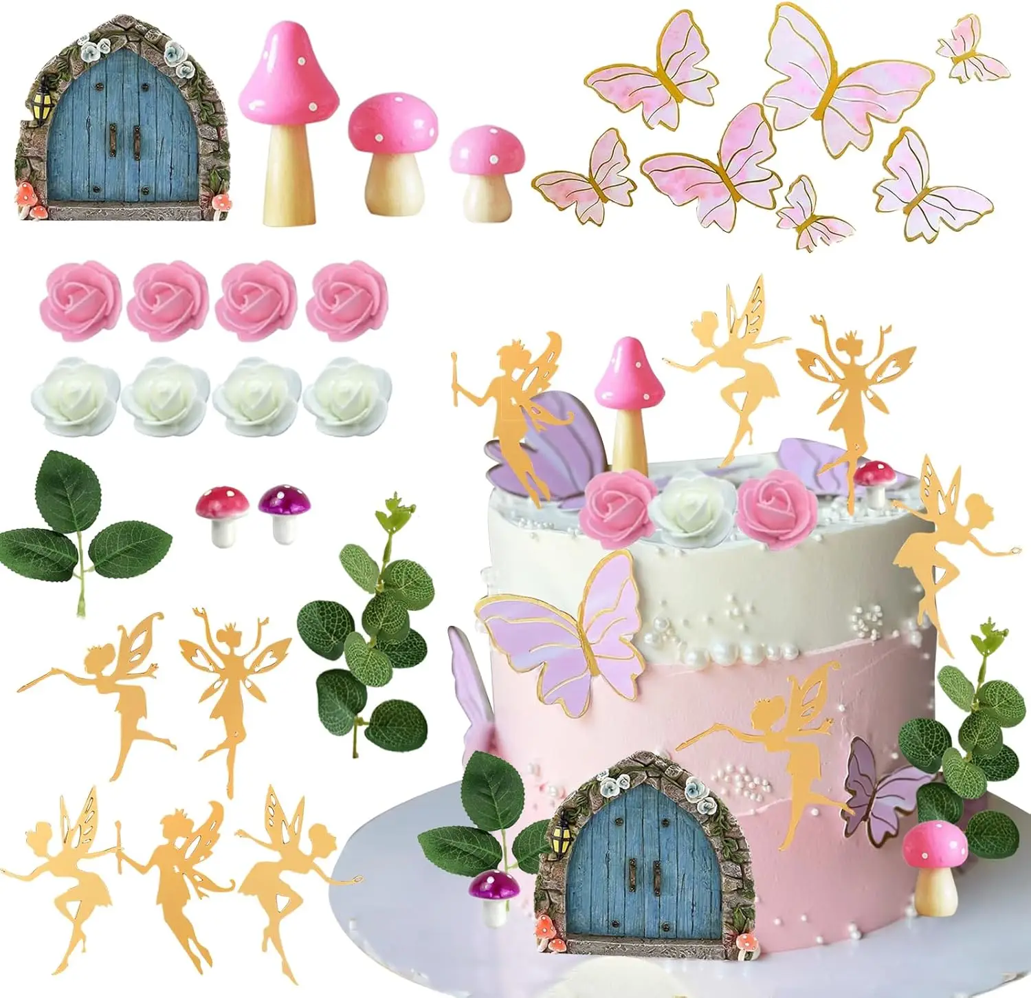 Wróżka Cake Toppers Butterfly Cake Decorations Pink Mushroom Door Flowers Cake Decoration for Birthday Baby Shower Party Supplies