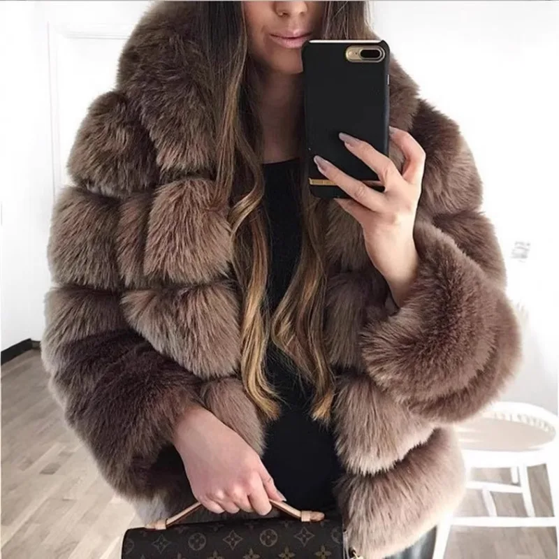 Hooded Faux Fox Fur Jacket Stripes Mid Long Women Plush Coat Solid Long Sleeves Fluffy Jackets Winter Streetwear Furry Cardigans