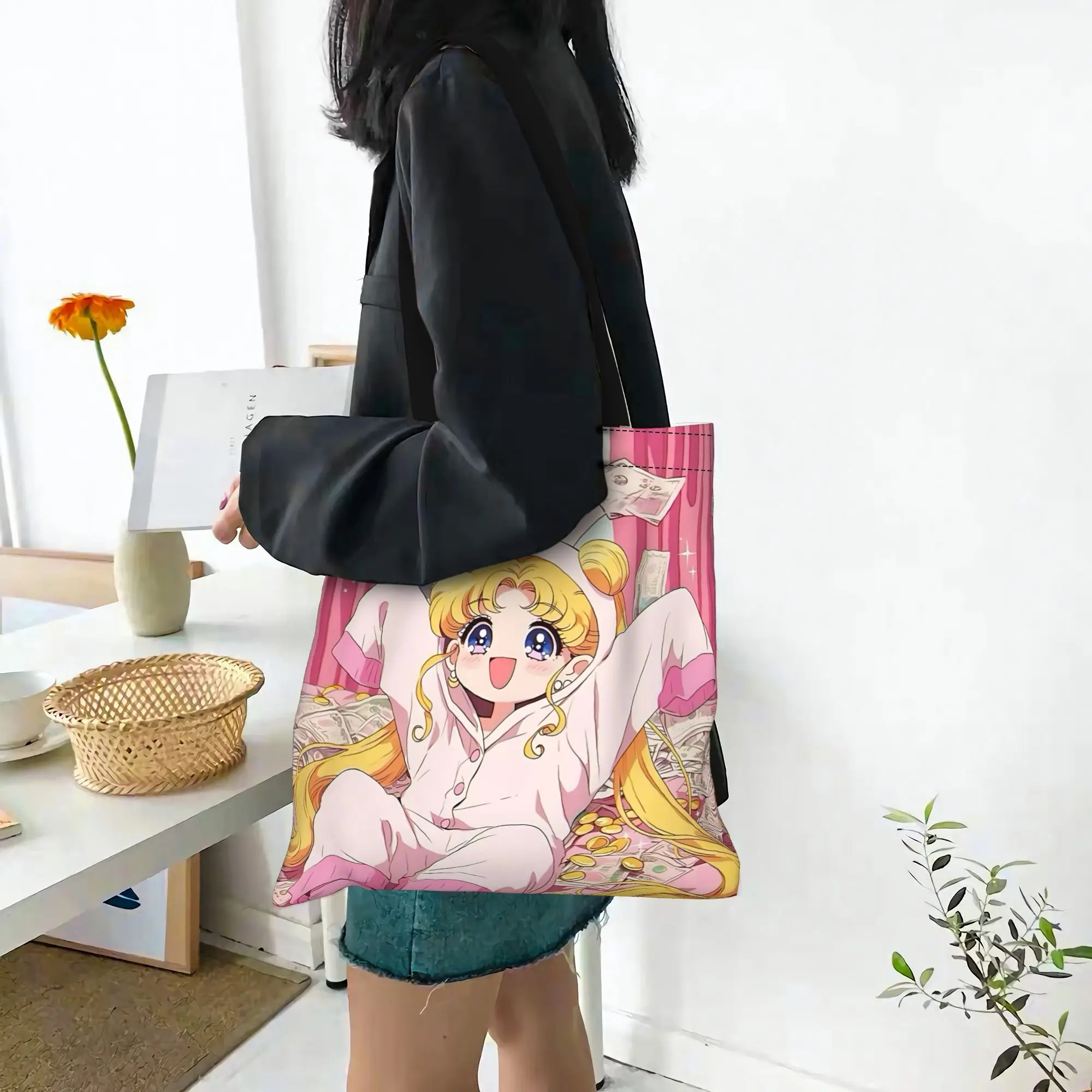 Customized Sailor Moon Women's Bag Shopping Bag Reusable Double Sided Canvas Tote Bag Shoulder  Handbag