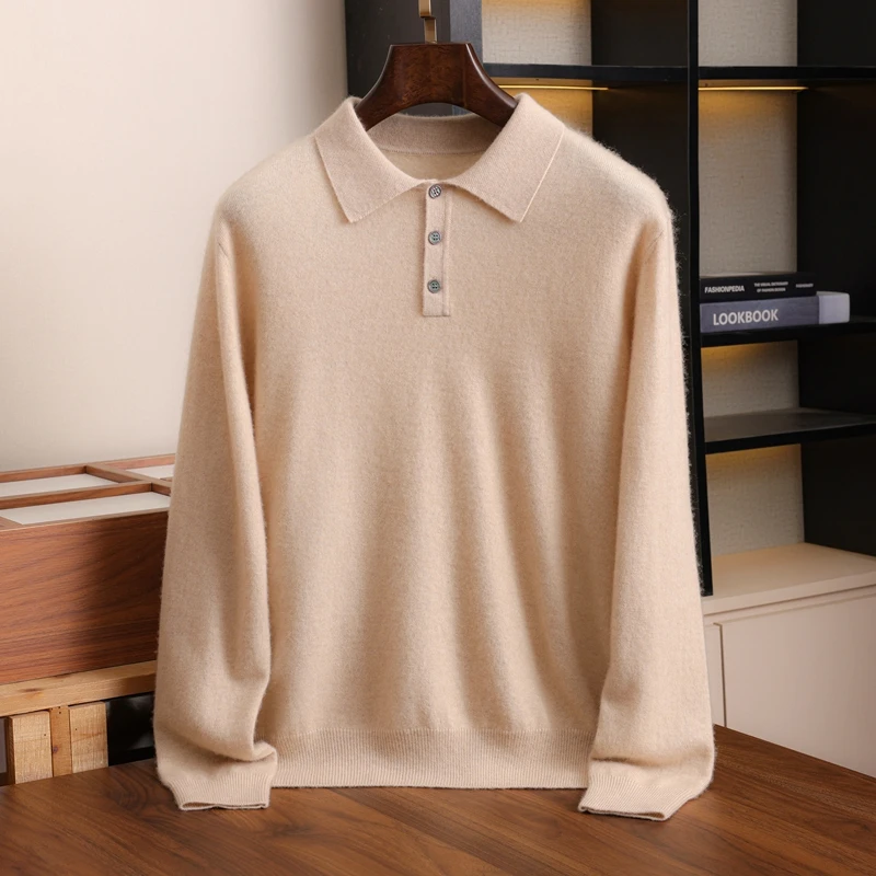 

100% cashmere men's pullover business casual knitted sweater POLO collar jumper trendy men's street wear loose pull tops basic
