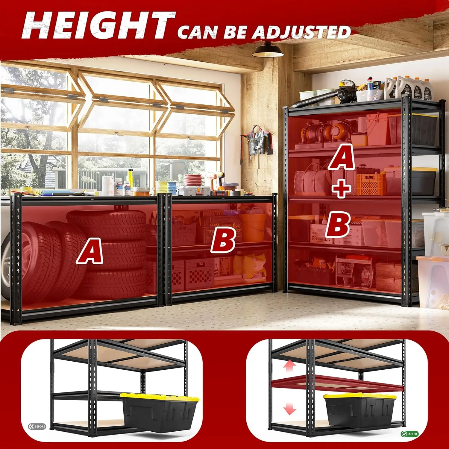 

Промышленные стеллажи для хранения, грузоподъемность 2400 фунтов, 5-ярусные стеллажи для гаража, усиленные регулируемые стеллажи для гаража.