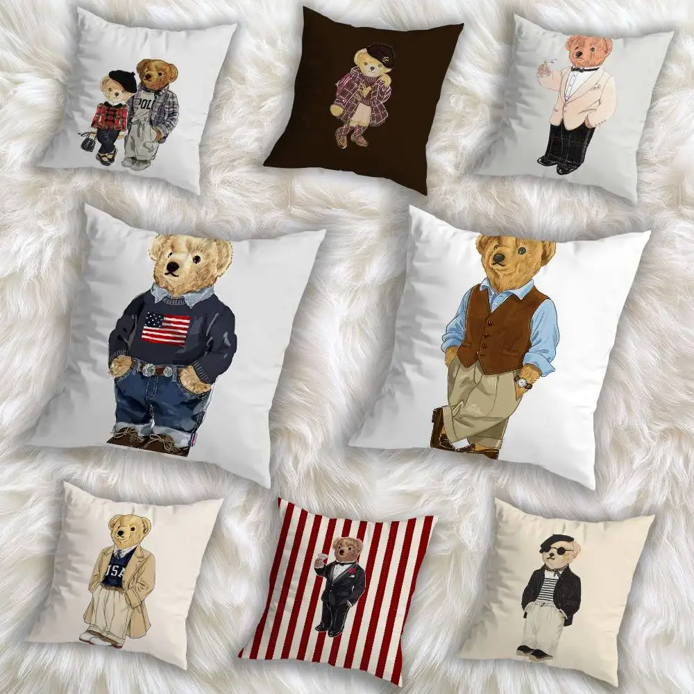 

USA cute Furry Bear Polo ART Pillow Case Anti-dustmite Pillowcase Invisible zipper silky short plush Sofa cushion cover