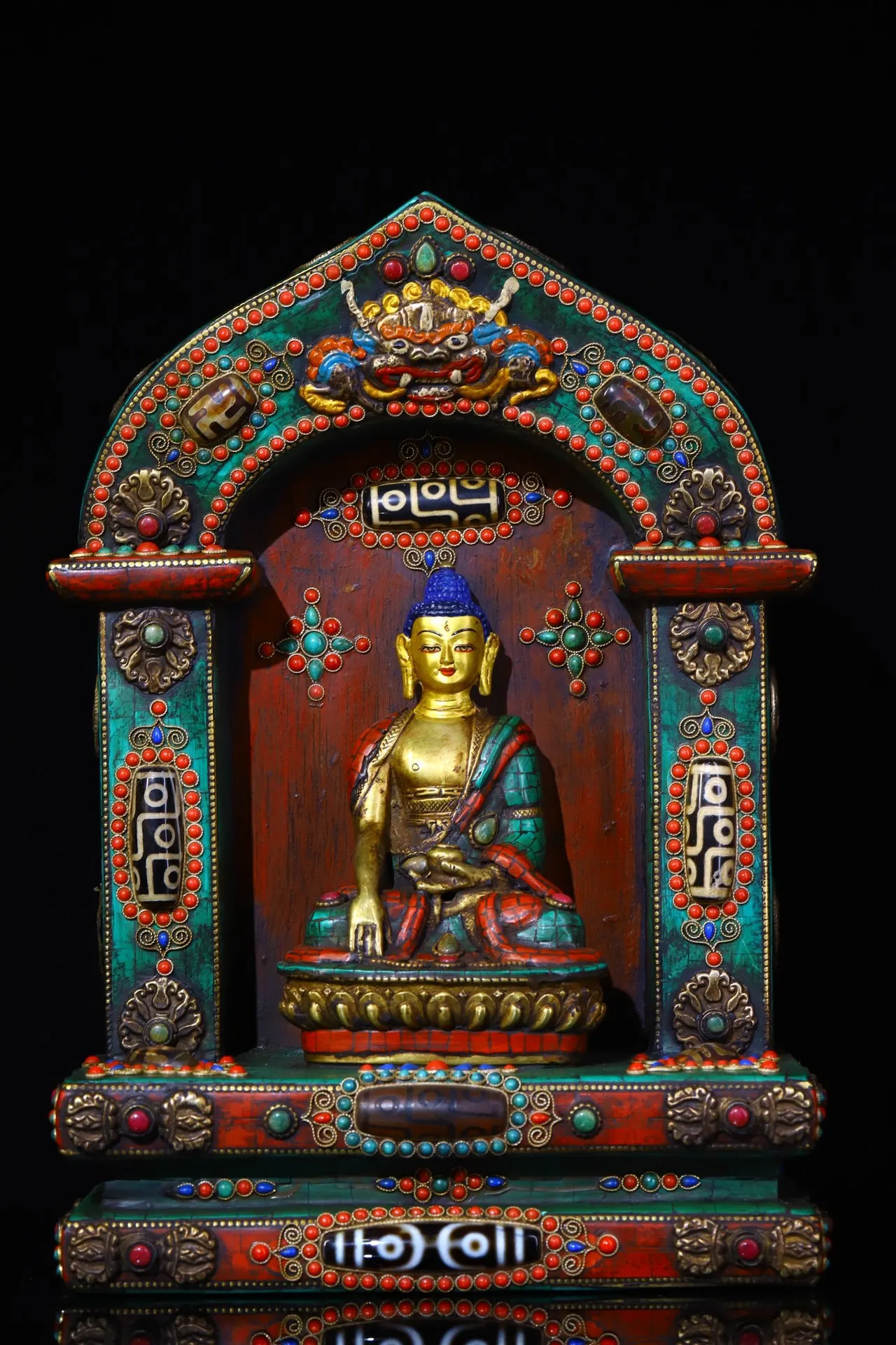 

12"Tibetan Temple Collection Old Bronze Painted Mosaic Gem gZi Beads Turquoise Shakyamuni Buddha Buddhist Niche Town house