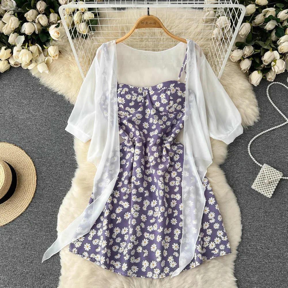 YuooMuoo Floral Print Two Piece Dress Women 2024 Summer Slim Fitness Straps Mini Dress + Shawl Vacation Fashion Beach Outfits