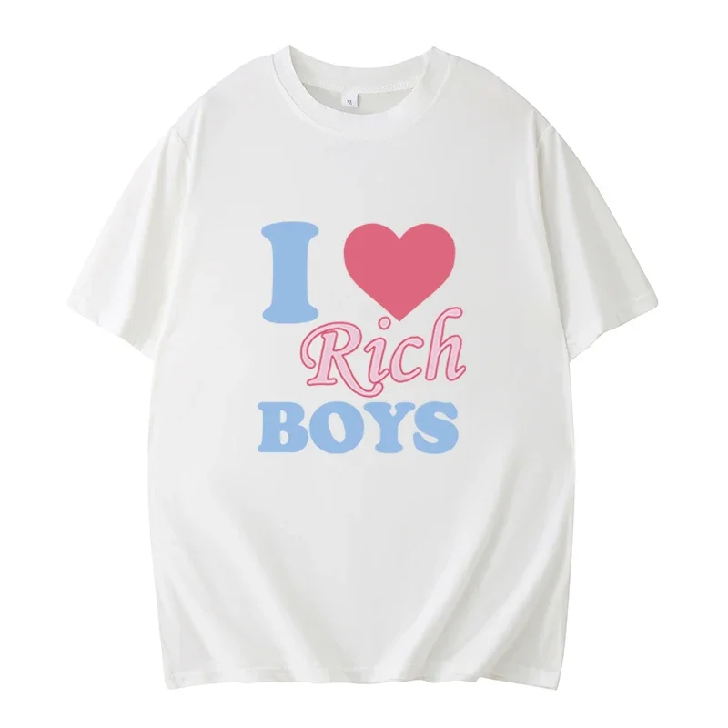 I Love Rich Boys Lettering T-Shirt Y2k Aesthetic Short Sleeve Top 2000s Style Shirt Fun Harajuku Casual Streetwear Gifts for Her