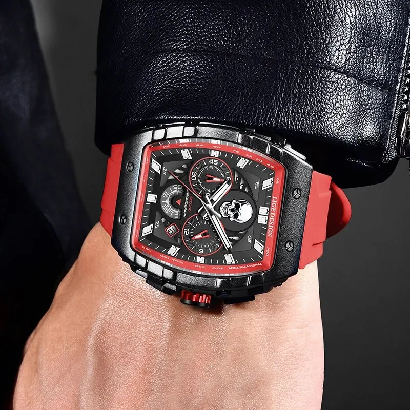 LIGE New Fashion Mens Watches Top Luxury Brand Waterproof Sports Quartz Chronograph Wristwatch Casual Military Skull Watch Men