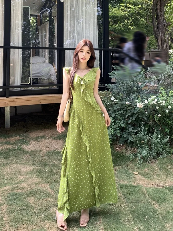 

plus Size Women's Summer Green Floral Print Halter Dress Belted Flounce Hem Korean Style Long Skirt City Commute Fashion