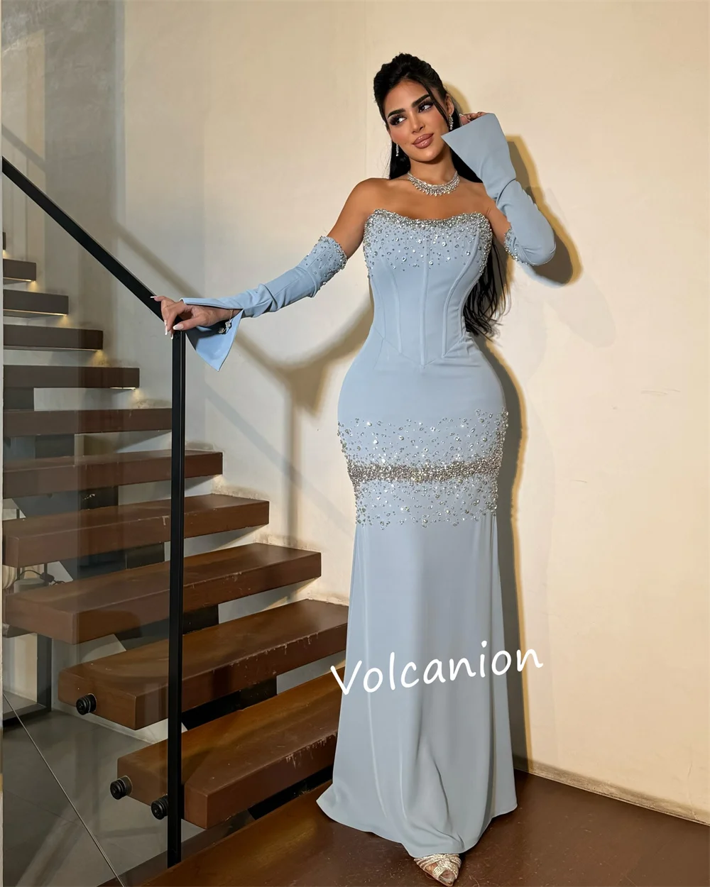 Abiti lunghi a trapezio con scollo a cuore con perline in jersey personalizzato Occasioni su misura Serata formale classica scintillante