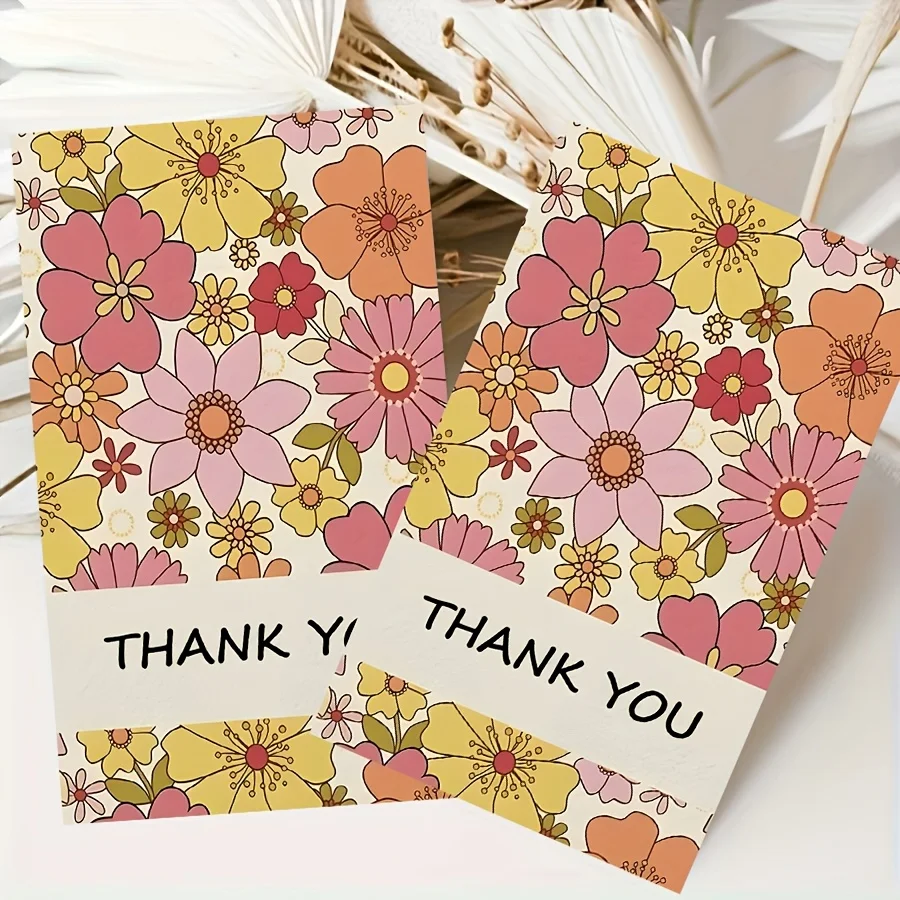 50PCS Vintage Floral Thank-you Cards, Featuring Contrasting Floral Designs, Suitable for Souvenirs, Shops, and Other Occasions