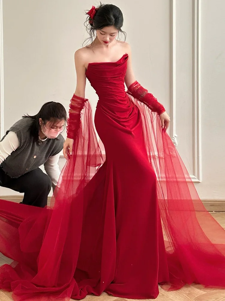 

Bride's Evening Gown Red Fi Tail Wedding Dr Women's High Waist Princ Sle Formal Wear for Engagement And Banquet