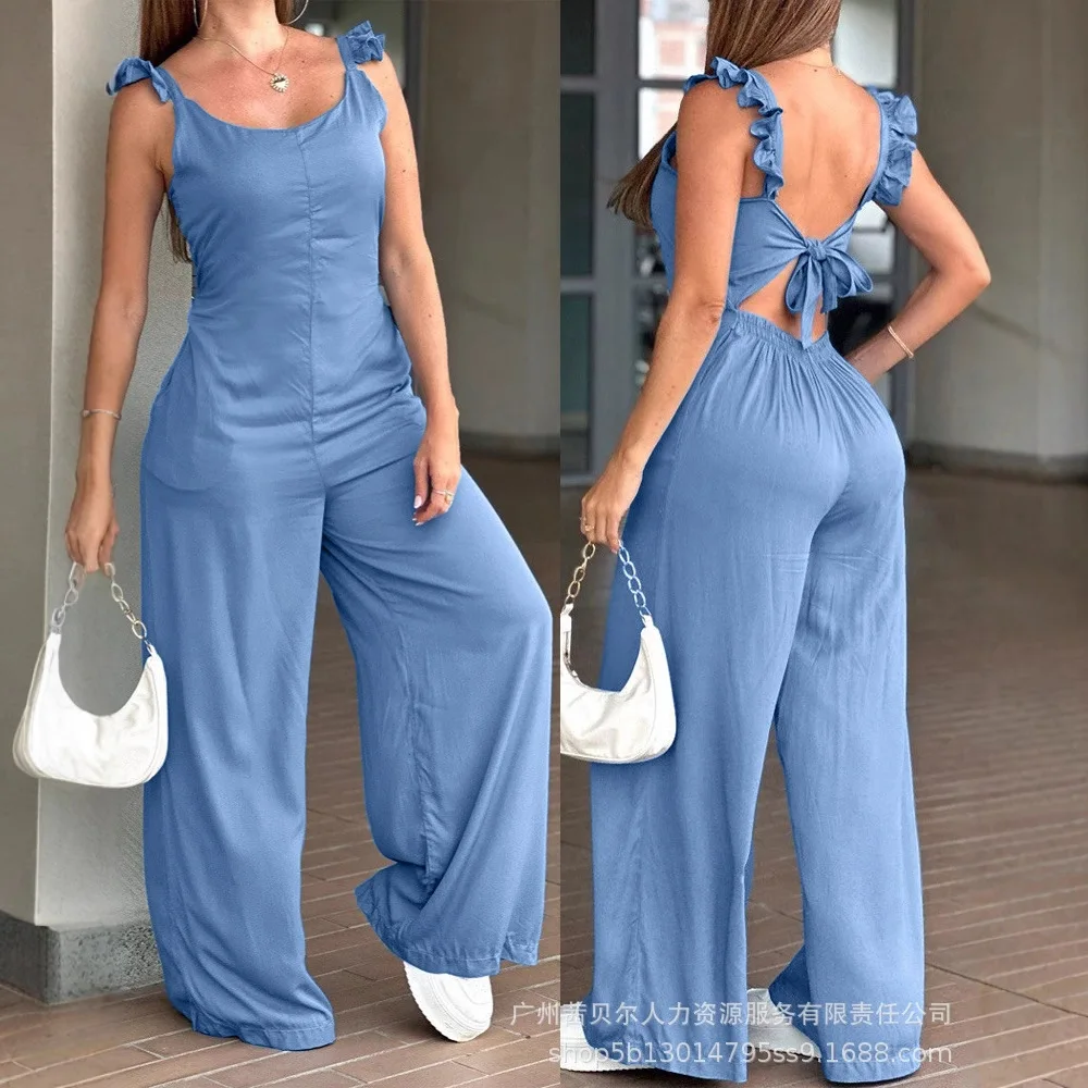 

Women Scoop Neck Frill Hem Spaghetti Strap Jumpsuit Casual Pocket Design Back Lace Up Rompers