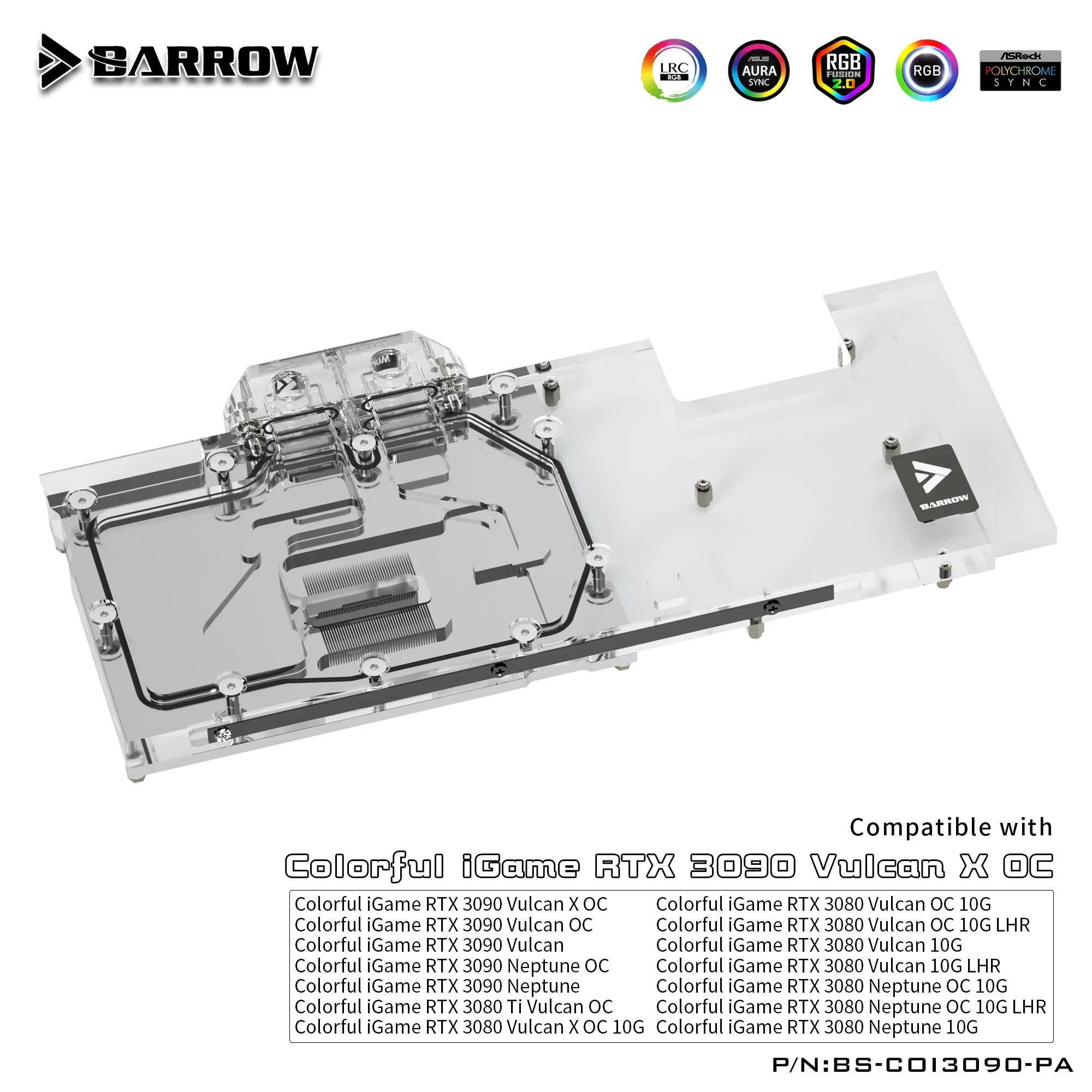 BARROW GPU Water Block For Colorful iGame RTX 3090/3080 Vulcan X OC/Neptune OC Graphics card Cooler 5V ARGB 3PIN AURA SYNC