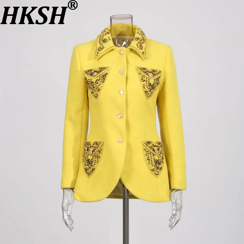 

HKSH Spring Autumn New Women Woolen Coat Single Breasted Multi-pocket Studded Diamonds Slim Fit Tide Elegant Chic Jacket HK11838