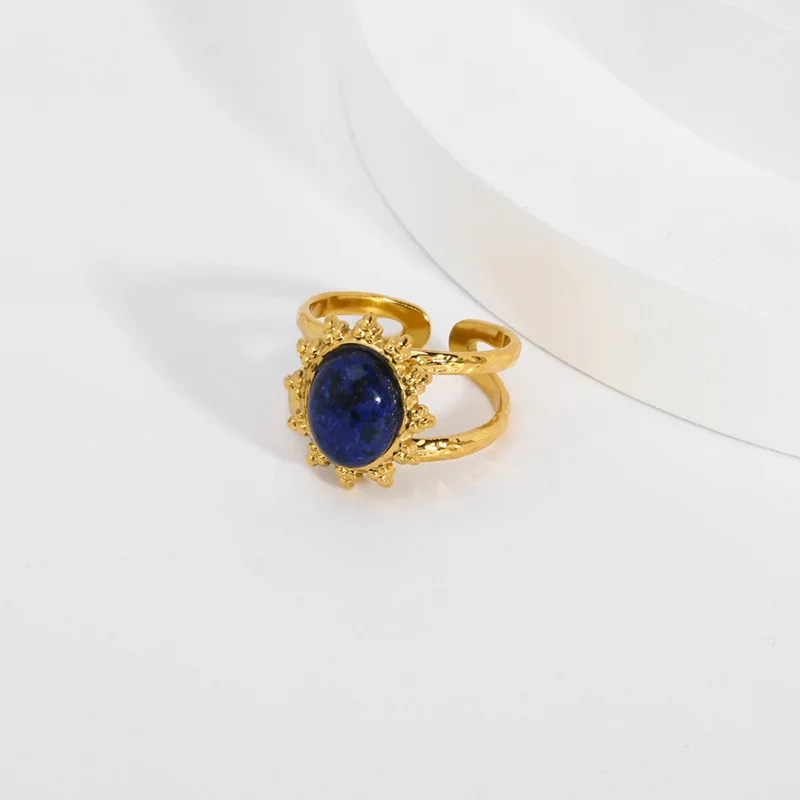 خواتم اللازورد للنساء لون ذهبي من الفولاذ المقاوم للصدأ والأحجار الكريمة قابلة للفتح