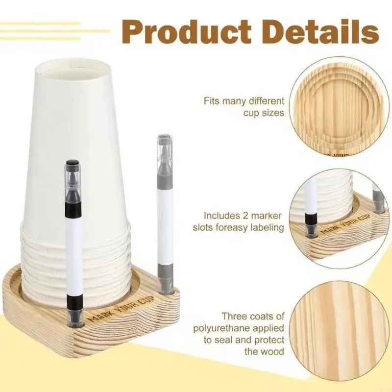

2Pieces Wooden Cup Dispenser Organiser Holder with Marker Slots For Home Office Birthday Party Holiday Gathering M4YD