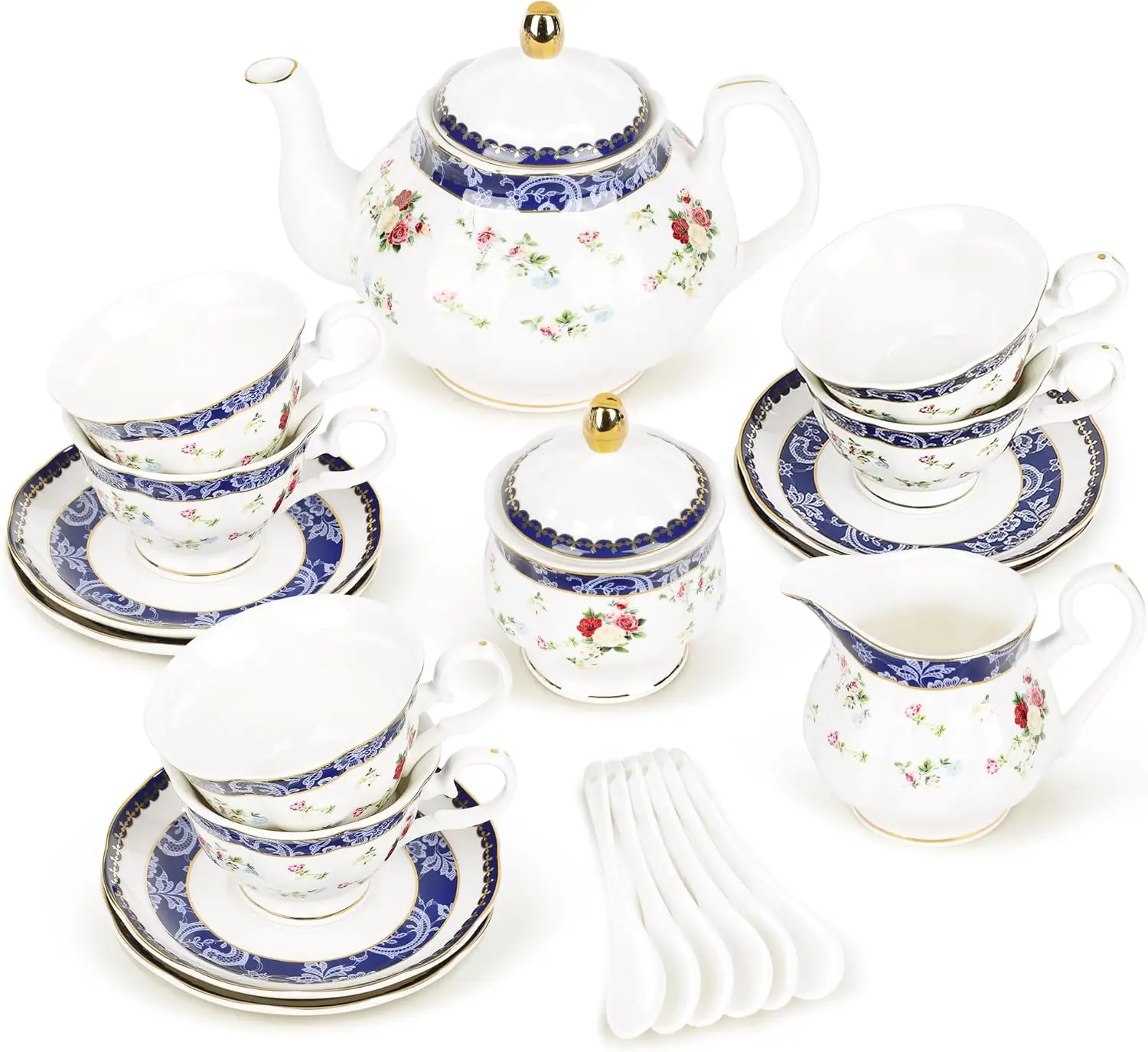 

21-Piece Blue Lace & Roses Porcelain Tea Set with Sugar Bowl & Creamer, 6 Floral Teacups for Women Tea Party