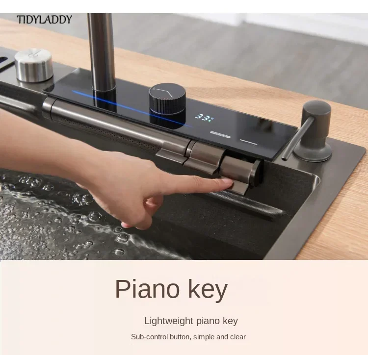 Stainless Steel Waterfall Kitchen Sink Digital Display Large Single Slot Multi-functional Farmhouse Embossed Washbasin