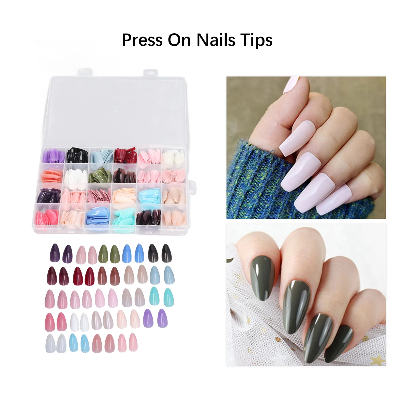 576pcs False Nail Tips Set Full Cover Pure Color Fashionable Press On Fake Nails Art Tips