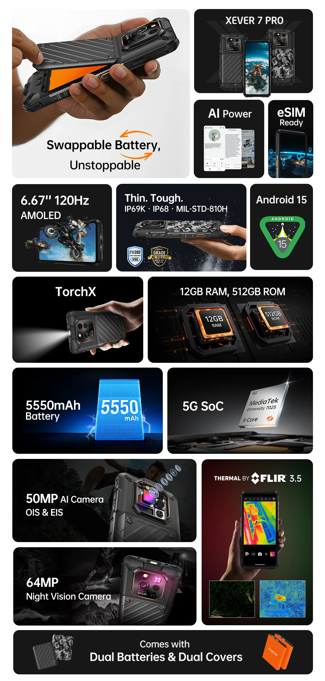 Ulefone RugOne Xever 7 Pro 5G Rugged Phone Thermal Imaging Android 15 Smartphone 512GB ROM 12GB RAM 120Hz AMOLED NFC 5500mAh