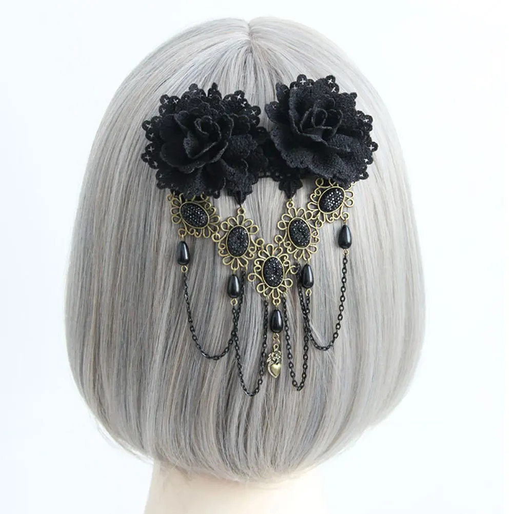 

Roses Hair Clips Tassels Flower Lace Headdress Black Elegant Hairpin Women Hair Accessories Party Wedding Banquet Style