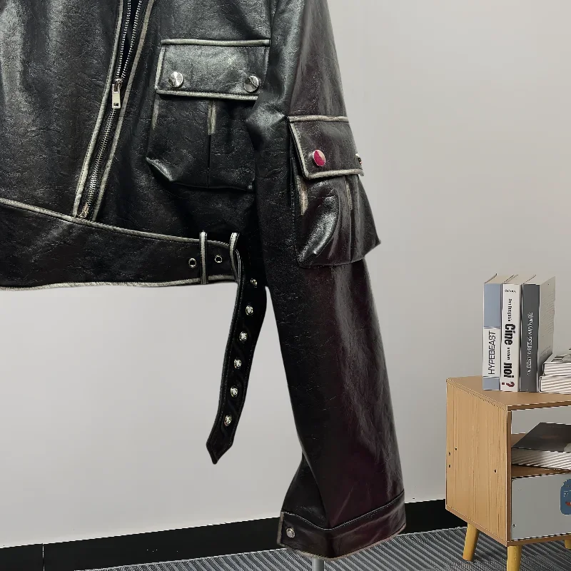 秋の女性の黒のショートフェイク Pu レザージャケットスタンドアップカラー長袖斜めジッパー不規則な裾バイカージャケットストリート