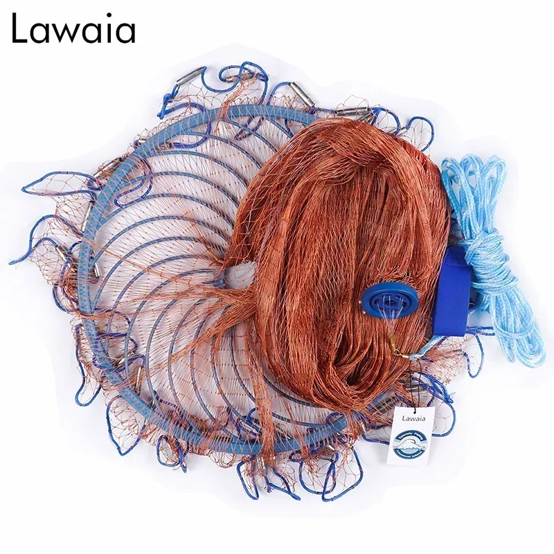 Lawaia Fishing Net Mesh with Blue Ring Fishing Cage Netting Wearable Orange Braided Wire Fishing Equipment Tackle Metal Pendants