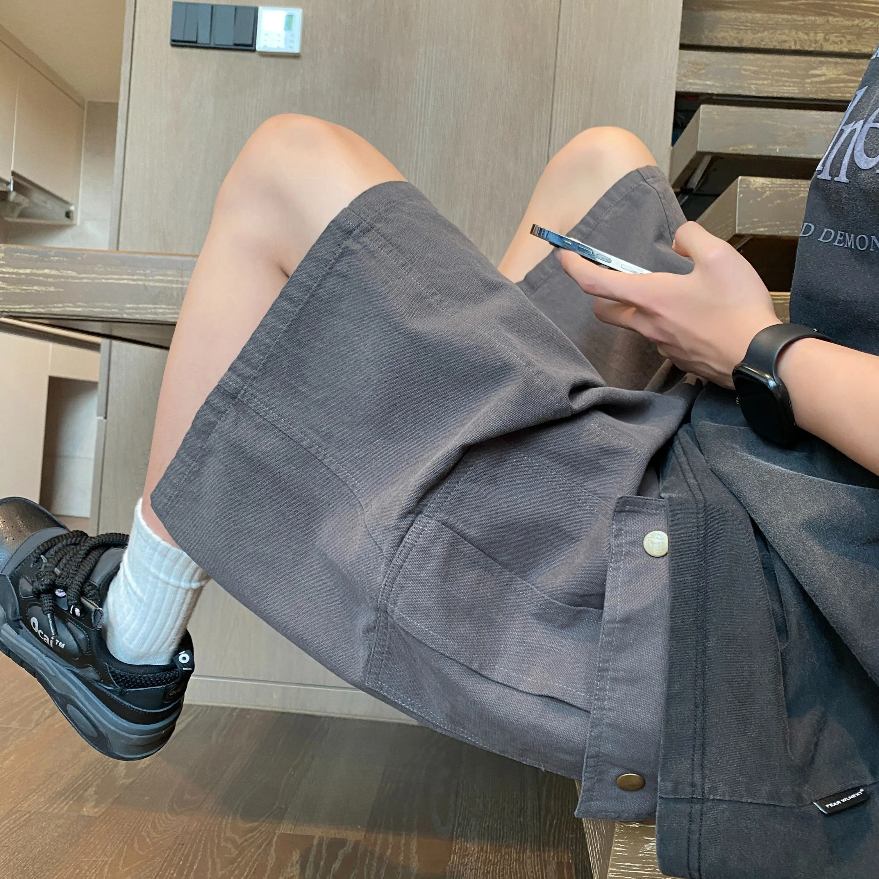 Men's Loose Cargo Shorts Summer 95% Cotton 5% Polyester Elastic Waist Multi Pocket Knee‑Length Casual Bermuda Shorts Street Fash