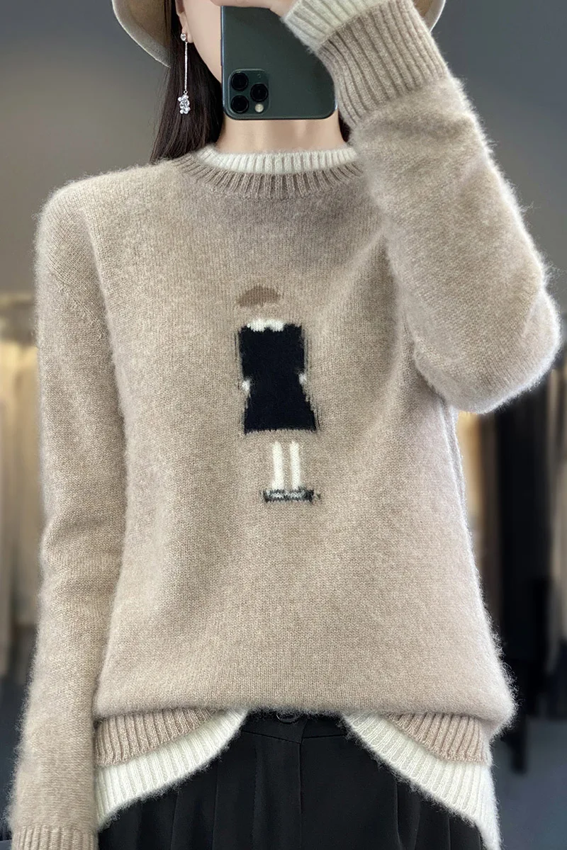 Women's Long Sleeved Wool Sweater, Casual Pullover, Loose Knit Tops, Round Neck, Color Matching, Autumn and Winter, New, 100%