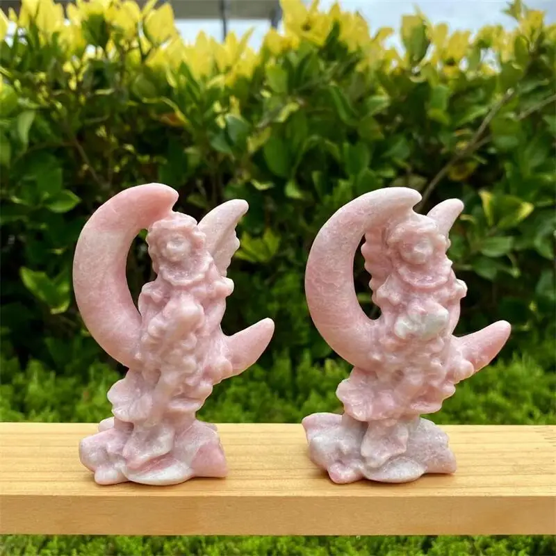 Natural Pink Opal Moon Anel Fairy Carving Crystal Crafts Home Decoration Healing Gemstone Collection Holiday Gift 1PCS