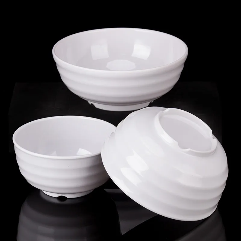 6/7/8 Inch Melamine White Rice Bowl Threaded Pattern Porridge Noodle Soup Bowls Restaurant Plastic Imitation Porcelain Tableware