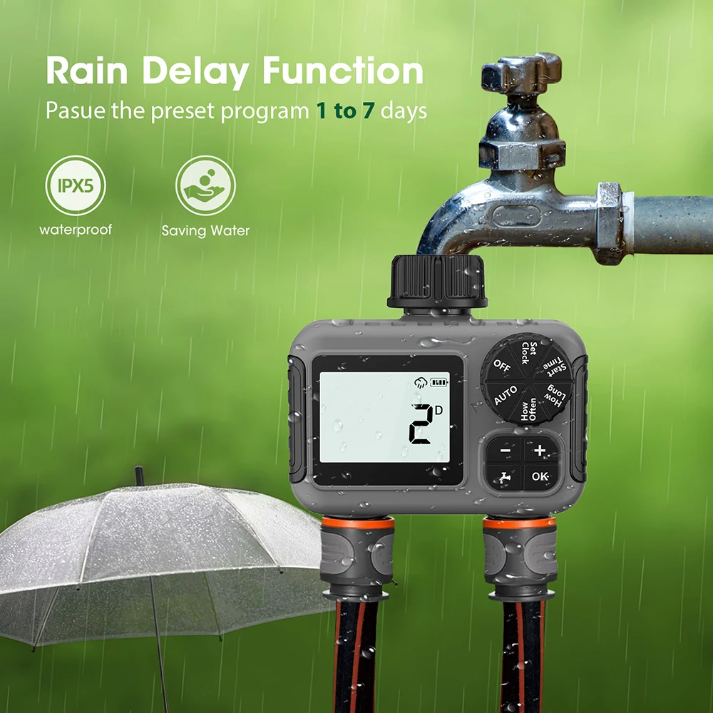 Mini Digital Irrigation Timer Automatic 2-way Timer 3/4 Inch Thread Sprinkler Timer IPX5 Water Timer for Garden Greenhouse