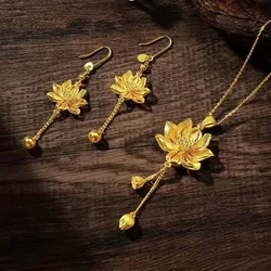 9999 24K Real Gold Tancient Huanlian Flower Pendant Earrings Set Women's China-Chic Lotus Pendants Hollow Sweater Chain Necklace