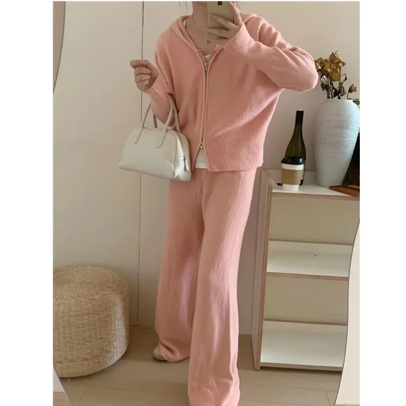 Women Casual Knitted Pants Home Suit Autumn Fashion Zip Up Sweater Hoodie Wide Leg Trousers 2 Piece Set Tracksuit Winter Outfits