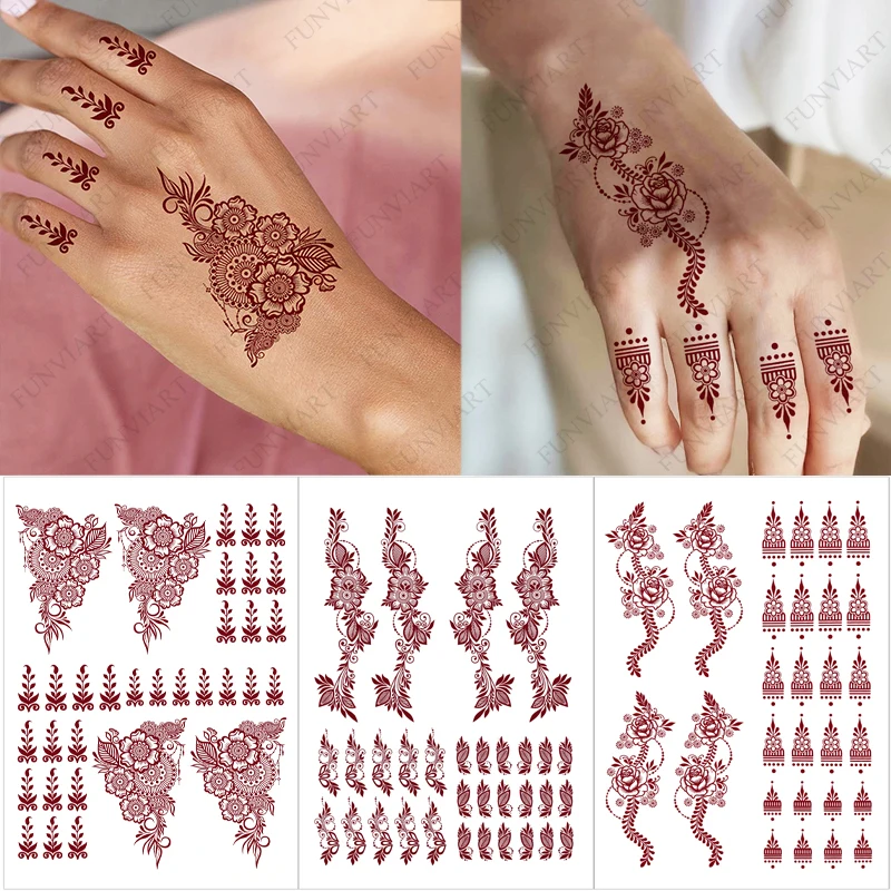 ملصق وشم حناء بني مقاوم للماء للنساء على شكل زهرة موقع قران للفتيات والأطفال وشم مزيف للاستعمال مرة واحدة لأصابع اليد