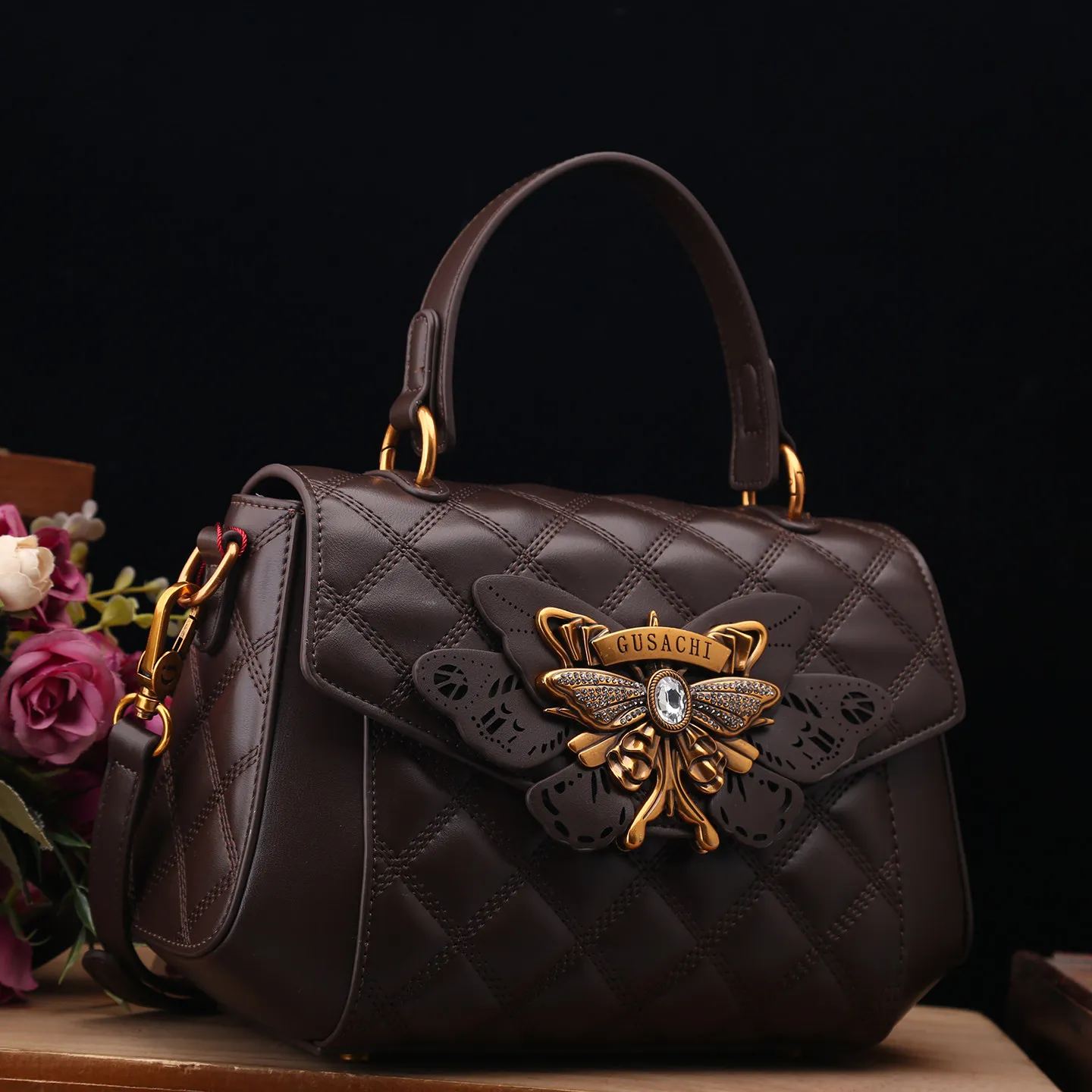Women's Bag 2025 New Fashion Embroidery Thread Cowhide Red Handbag High-Grade Shoulder Small Crossbody round Bag